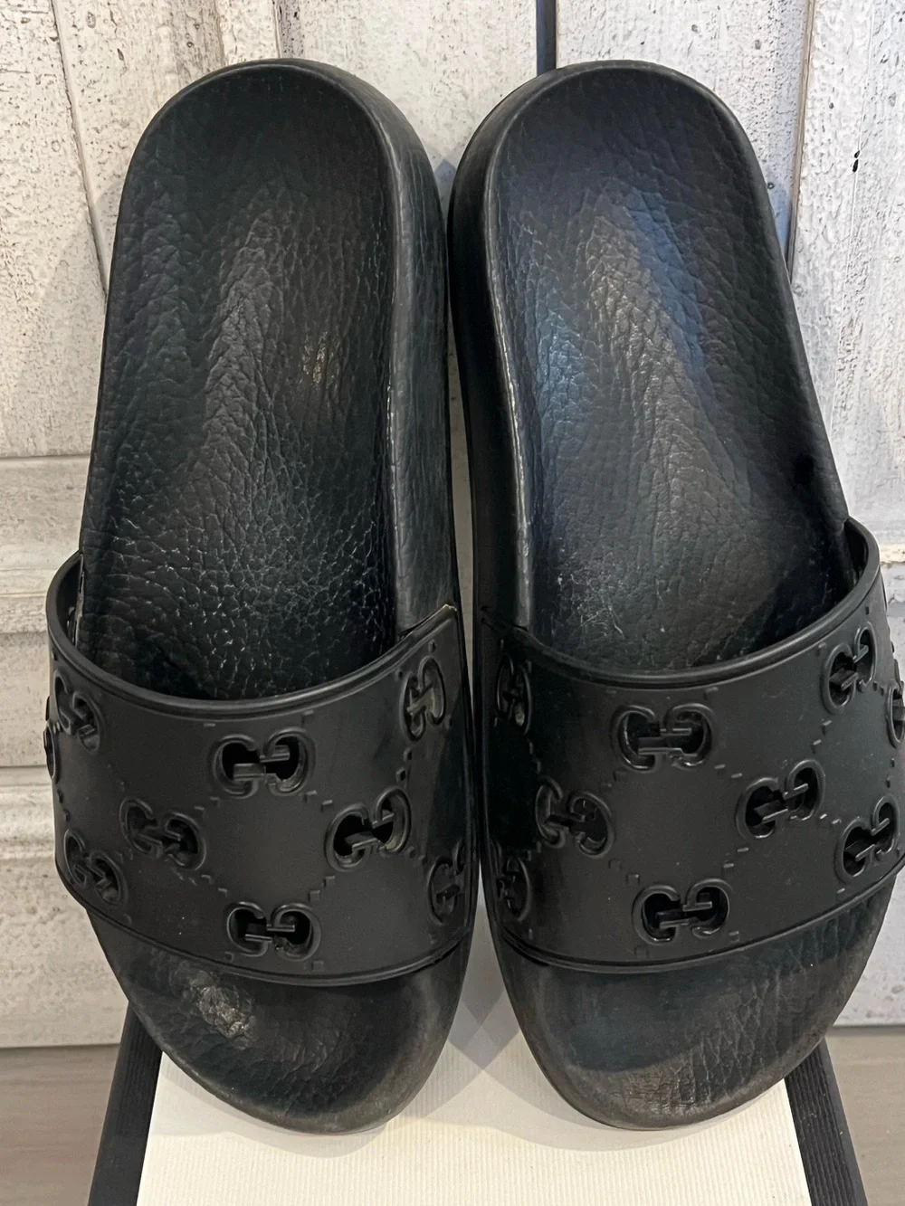 Gucci Black Embossed GG Rubber Slide Sandals